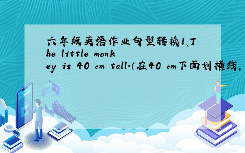 六年级英语作业句型转换1、The little monkey is 40 cm tall.（在40 cm下面划横线,对划