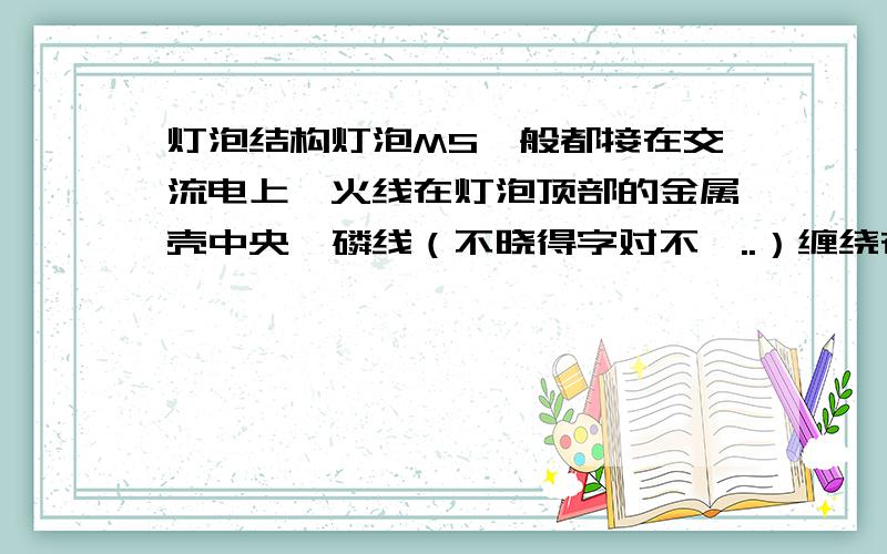 灯泡结构灯泡MS一般都接在交流电上,火线在灯泡顶部的金属壳中央,磷线（不晓得字对不,..）缠绕在顶部金属壳内部,塑料壳（