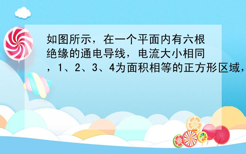 如图所示，在一个平面内有六根绝缘的通电导线，电流大小相同，1、2、3、4为面积相等的正方形区域，其中指向纸面内的磁场最强