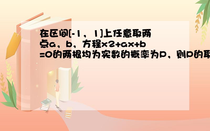 在区间[-1，1]上任意取两点a，b，方程x2+ax+b=0的两根均为实数的概率为P，则P的取值范围为 ___ ．