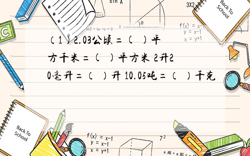 （1）2.03公顷=( )平方千米=( )平方米 2升20毫升=（ ）升 10.05吨=（ ）千克