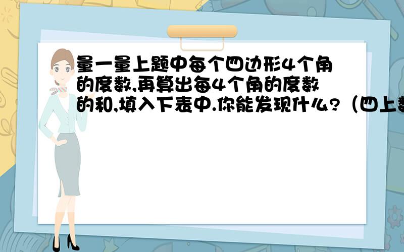 量一量上题中每个四边形4个角的度数,再算出每4个角的度数的和,填入下表中.你能发现什么?（四上数学）