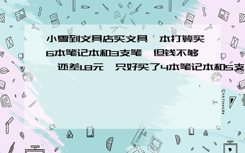 小雪到文具店买文具,本打算买6本笔记本和3支笔,但钱不够,还差1.8元,只好买了4本笔记本和5支笔,这样她还剩余2.2元