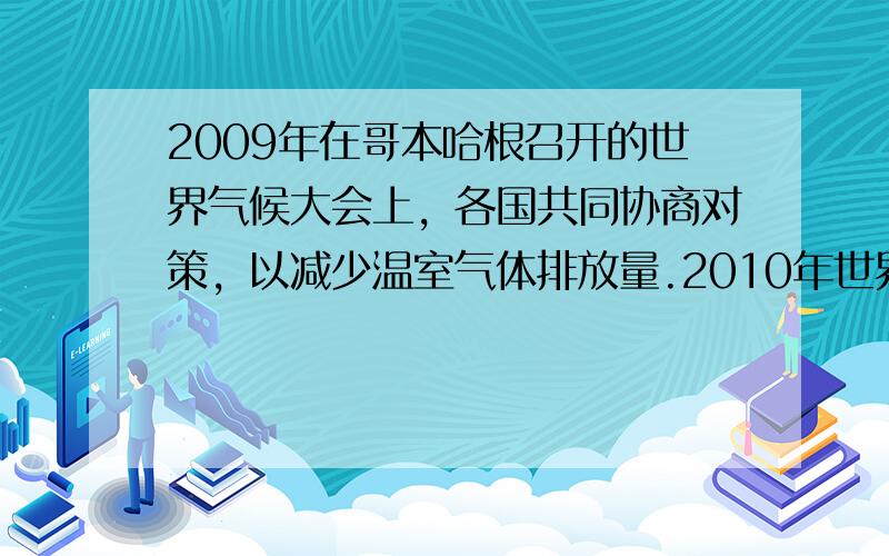 2009年在哥本哈根召开的世界气候大会上，各国共同协商对策，以减少温室气体排放量.2010年世界环境日的中国主题是“低碳