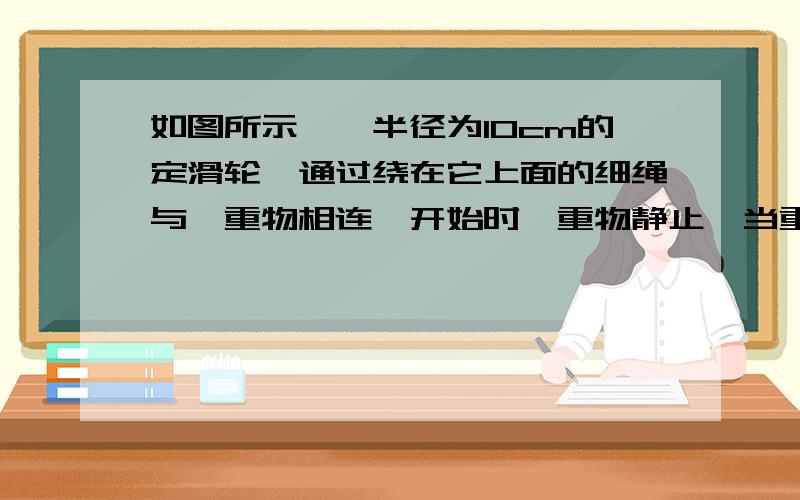 如图所示,一半径为10cm的定滑轮,通过绕在它上面的细绳与一重物相连,开始时,重物静止,当重物以2m/s^2的加速度下降