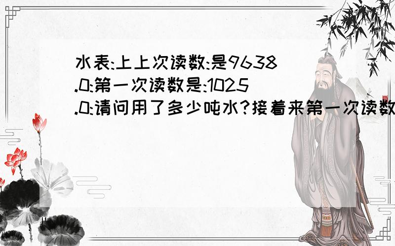 水表:上上次读数:是9638.0:第一次读数是:1025.0:请问用了多少吨水?接着来第一次读数是:1025.0:这次是