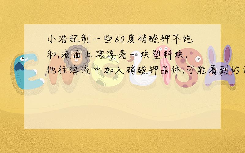 小浩配制一些60度硝酸钾不饱和,液面上漂浮着一块塑料块,他往溶液中加入硝酸钾晶体,可能看到的两种景象