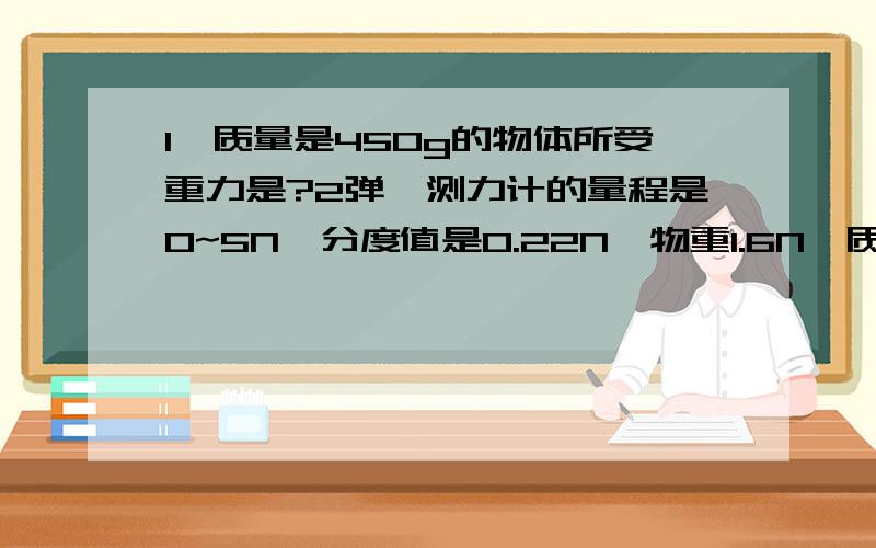 1、质量是450g的物体所受重力是?2弹簧测力计的量程是0~5N,分度值是0.22N,物重1.6N,质量是（）