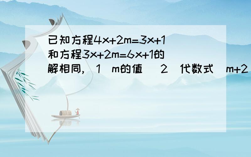 已知方程4x+2m=3x+1和方程3x+2m=6x+1的解相同,（1）m的值 （2）代数式（m+2）2008次方.