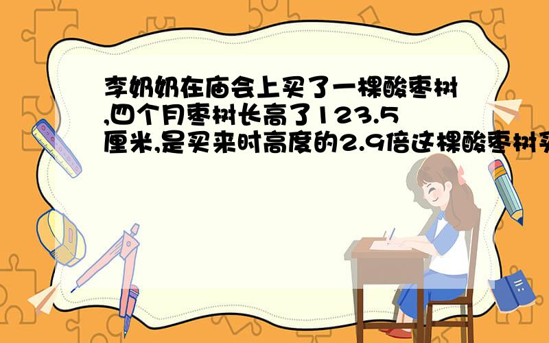 李奶奶在庙会上买了一棵酸枣树,四个月枣树长高了123.5厘米,是买来时高度的2.9倍这棵酸枣树买回时多高现在