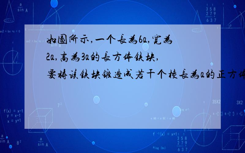 如图所示,一个长为6a,宽为2a,高为3a的长方体铁块,要将该铁块锻造成若干个棱长为a的正方体小铁块,则所锻造的小正方体