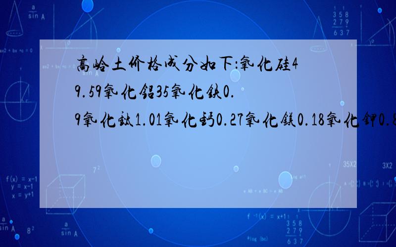 高岭土价格成分如下：氧化硅49.59氧化铝35氧化铁0.9氧化钛1.01氧化钙0.27氧化镁0.18氧化钾0.81氧化钠