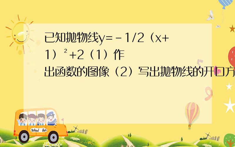 已知抛物线y=-1/2（x+1）²+2（1）作出函数的图像（2）写出抛物线的开口方向、顶点M的坐标,对称轴（3