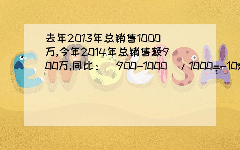 去年2013年总销售1000万,今年2014年总销售额900万,同比：（900-1000）/1000=-10%,同比下降