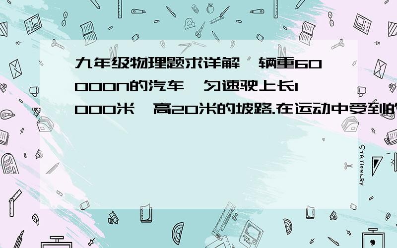 九年级物理题求详解一辆重60000N的汽车,匀速驶上长1000米,高20米的坡路.在运动中受到的摩擦阻力驶车重的0.06