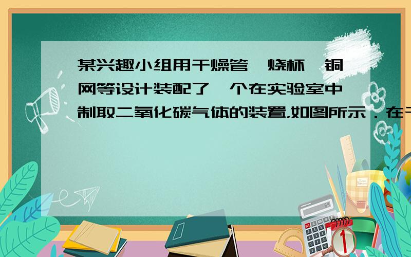 某兴趣小组用干燥管、烧杯、铜网等设计装配了一个在实验室中制取二氧化碳气体的装置，如图所示．在干燥管内的铜网上应盛放___