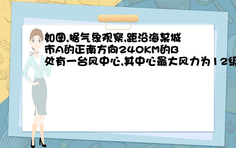 如图,据气象观察,距沿海某城市A的正南方向240KM的B处有一台风中心,其中心最大风力为12级,每远离台风中