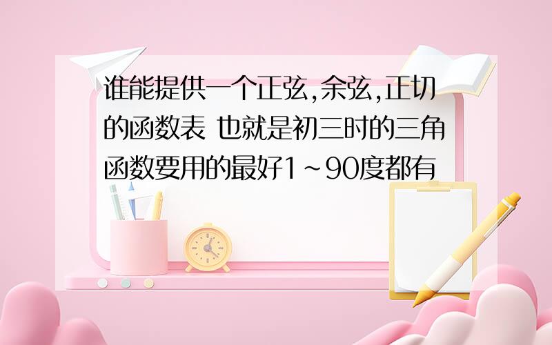 谁能提供一个正弦,余弦,正切的函数表 也就是初三时的三角函数要用的最好1~90度都有