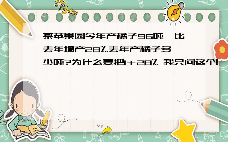 某苹果园今年产橘子96吨,比去年增产28%.去年产橘子多少吨?为什么要把1＋28% 我只问这个!