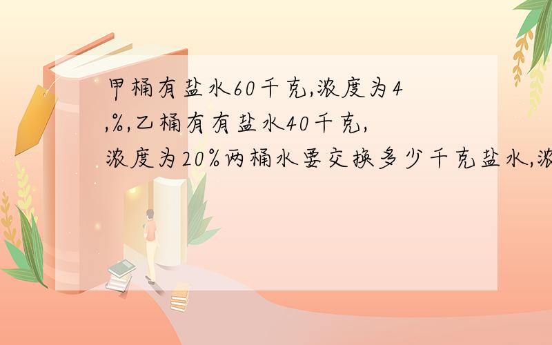 甲桶有盐水60千克,浓度为4,%,乙桶有有盐水40千克,浓度为20%两桶水要交换多少千克盐水,浓度才相等?