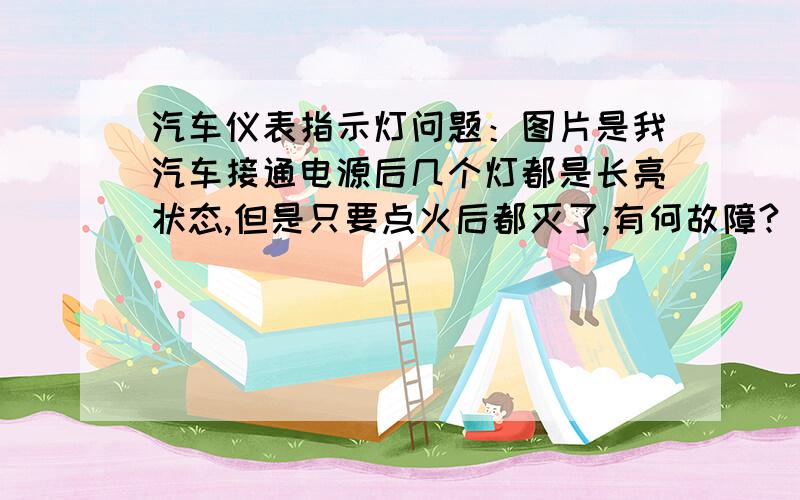 汽车仪表指示灯问题：图片是我汽车接通电源后几个灯都是长亮状态,但是只要点火后都灭了,有何故障?