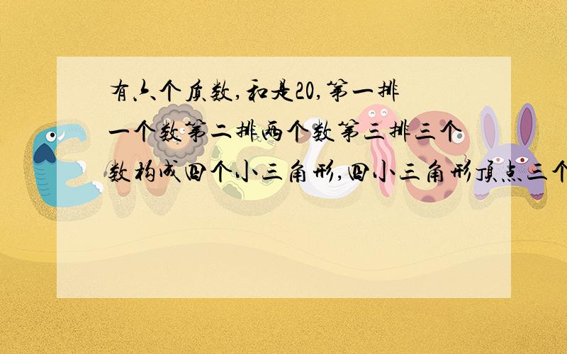 有六个质数,和是20,第一排一个数第二排两个数第三排三个数构成四个小三角形,四小三角形顶点三个数和相等.