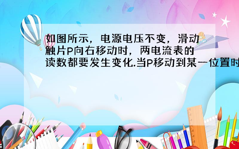 如图所示，电源电压不变，滑动触片P向右移动时，两电流表的读数都要发生变化.当P移动到某一位置时，电流表A1的读数增加了0