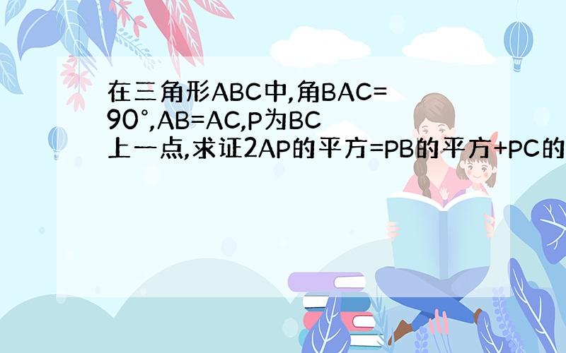 在三角形ABC中,角BAC=90°,AB=AC,P为BC上一点,求证2AP的平方=PB的平方+PC的平方.