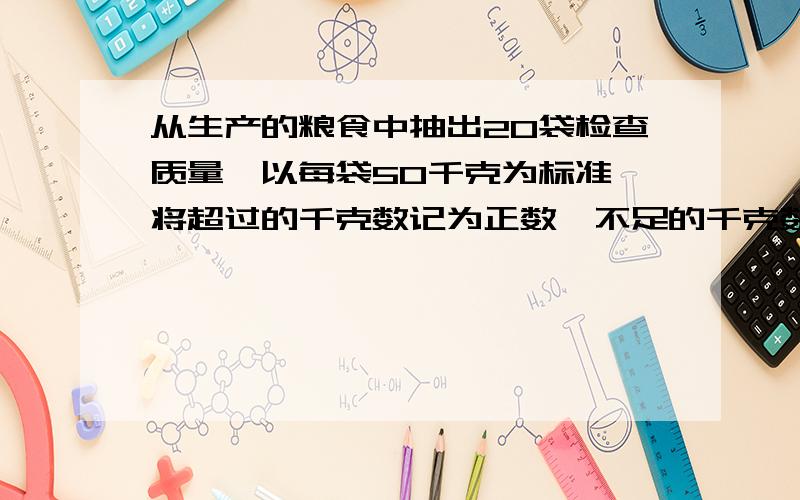 从生产的粮食中抽出20袋检查质量,以每袋50千克为标准,将超过的千克数记为正数,不足的千克数记为负数,记录如下：