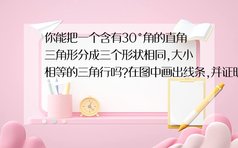 你能把一个含有30°角的直角三角形分成三个形状相同,大小相等的三角行吗?在图中画出线条,并证明你的结论