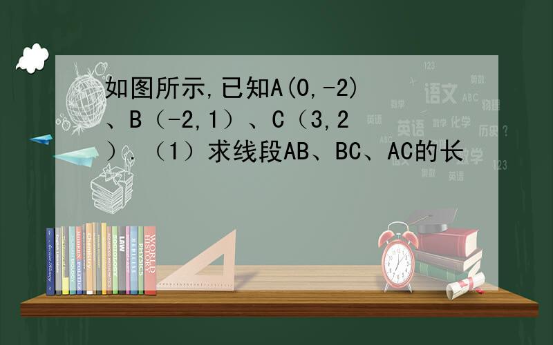 如图所示,已知A(0,-2)、B（-2,1）、C（3,2）.（1）求线段AB、BC、AC的长