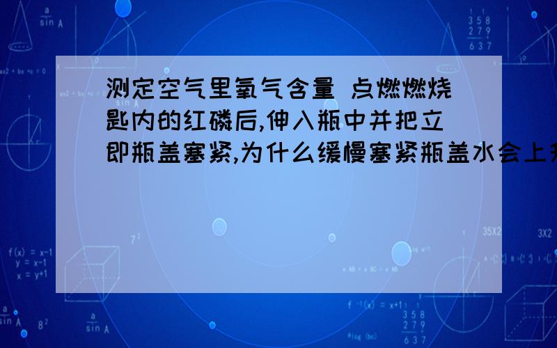 测定空气里氧气含量 点燃燃烧匙内的红磷后,伸入瓶中并把立即瓶盖塞紧,为什么缓慢塞紧瓶盖水会上升超过1/5