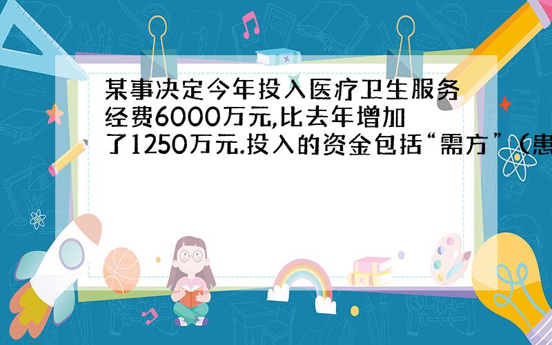 某事决定今年投入医疗卫生服务经费6000万元,比去年增加了1250万元.投入的资金包括“需方”（患者等）和