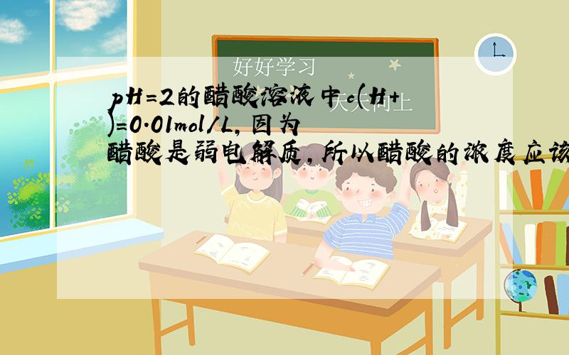 pH=2的醋酸溶液中c(H+)=0.01mol/L,因为醋酸是弱电解质,所以醋酸的浓度应该会大于0.01mol/L.为什