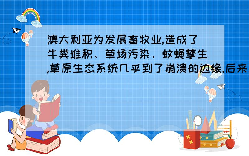 澳大利亚为发展畜牧业,造成了牛粪堆积、草场污染、蚊蝇孳生,草原生态系统几乎到了崩溃的边缘.后来从欧亚大陆引进能清除牛粪的