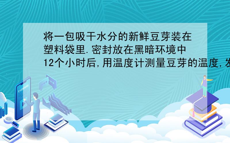 将一包吸干水分的新鲜豆芽装在塑料袋里.密封放在黑暗环境中12个小时后,用温度计测量豆芽的温度,发现比周围环境的温度高.这