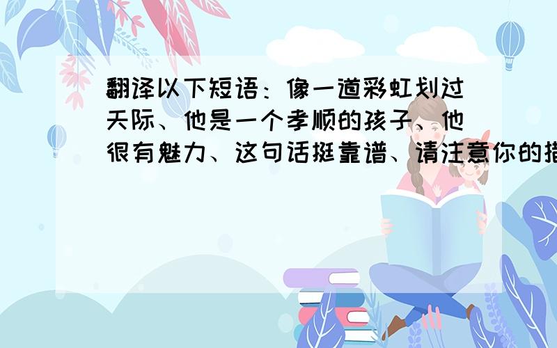 翻译以下短语：像一道彩虹划过天际、他是一个孝顺的孩子、他很有魅力、这句话挺靠谱、请注意你的措词、