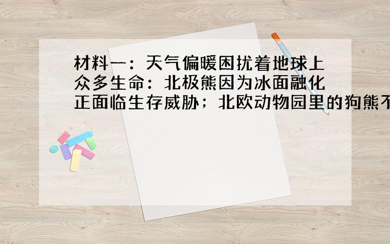 材料一：天气偏暖困扰着地球上众多生命：北极熊因为冰面融化正面临生存威胁；北欧动物园里的狗熊不得不在人工降温的帮助下冬眠。