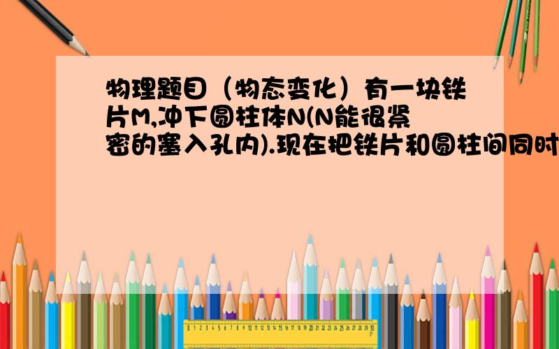 物理题目（物态变化）有一块铁片M,冲下圆柱体N(N能很紧密的塞入孔内).现在把铁片和圆柱间同时放入炉子加热,在取出的瞬间