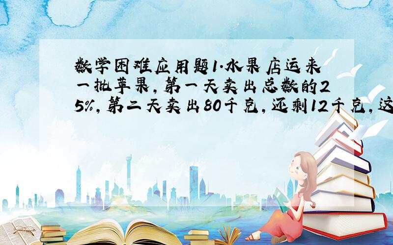 数学困难应用题1.水果店运来一批苹果,第一天卖出总数的25%,第二天卖出80千克,还剩12千克,这批水果共多少千克2.小