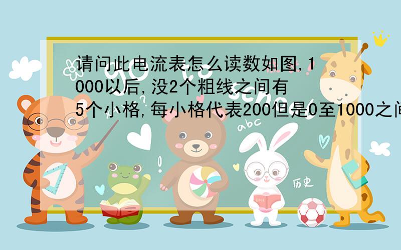 请问此电流表怎么读数如图,1000以后,没2个粗线之间有5个小格,每小格代表200但是0至1000之间只有4格,那如何读