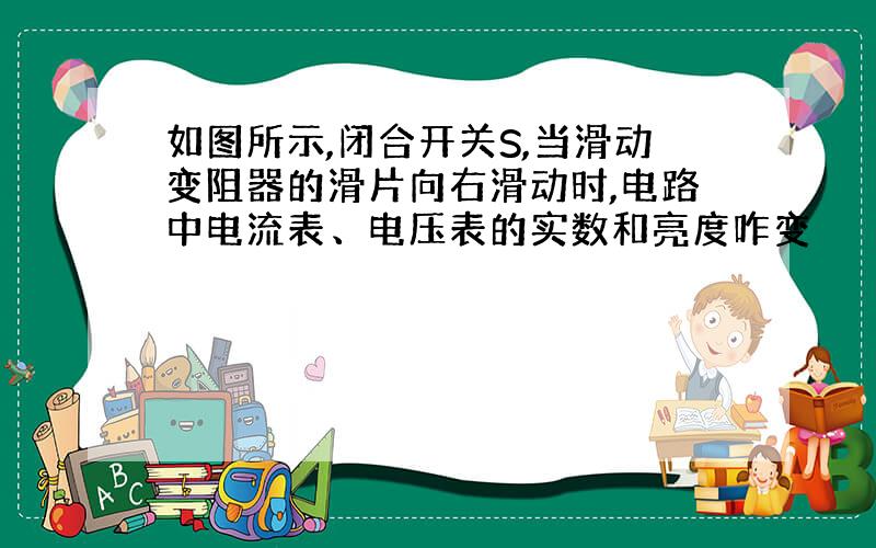 如图所示,闭合开关S,当滑动变阻器的滑片向右滑动时,电路中电流表、电压表的实数和亮度咋变