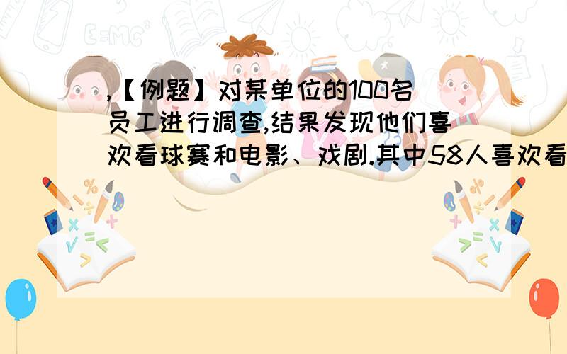 ,【例题】对某单位的100名员工进行调查,结果发现他们喜欢看球赛和电影、戏剧.其中58人喜欢看球赛,38人