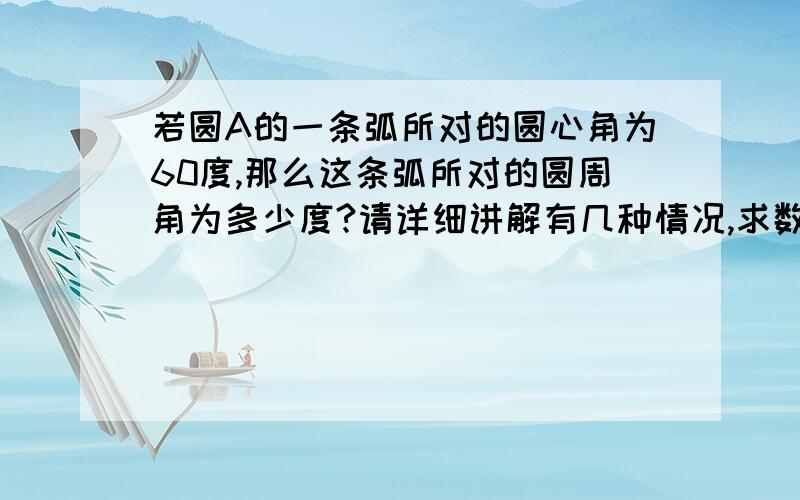 若圆A的一条弧所对的圆心角为60度,那么这条弧所对的圆周角为多少度?请详细讲解有几种情况,求数学帝回答