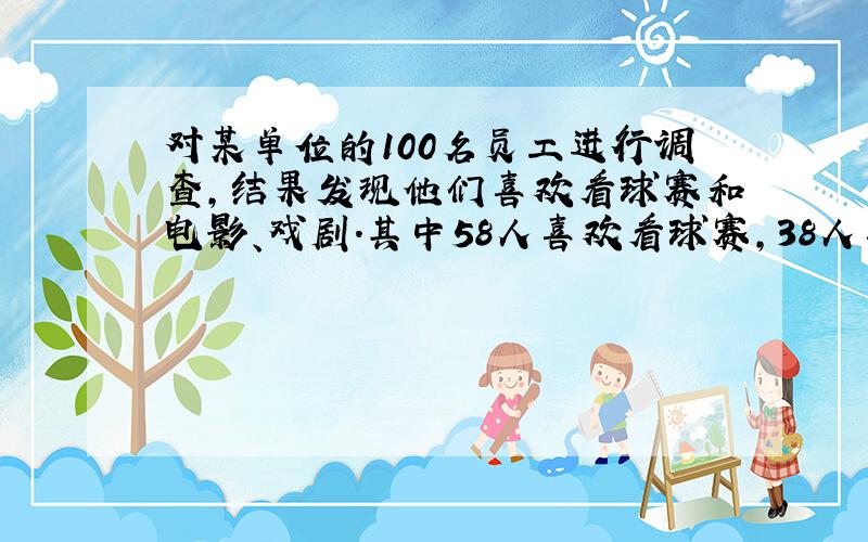 对某单位的100名员工进行调查,结果发现他们喜欢看球赛和电影、戏剧.其中58人喜欢看球赛,38人喜欢看戏剧