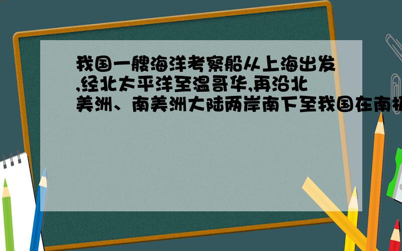 我国一艘海洋考察船从上海出发,经北太平洋至温哥华,再沿北美洲、南美洲大陆两岸南下至我国在南极洲乔治王岛的长城站,航行速度