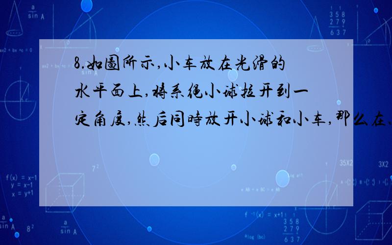 8．如图所示,小车放在光滑的水平面上,将系绳小球拉开到一定角度,然后同时放开小球和小车,那么在以后的过程中 （ ）