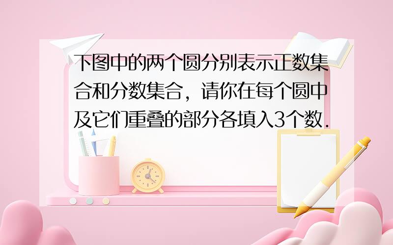 下图中的两个圆分别表示正数集合和分数集合，请你在每个圆中及它们重叠的部分各填入3个数．