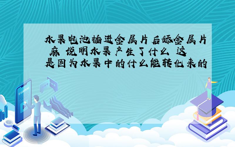 水果电池插进金属片后舔金属片 麻 说明水果产生了什么 这是因为水果中的什么能转化来的