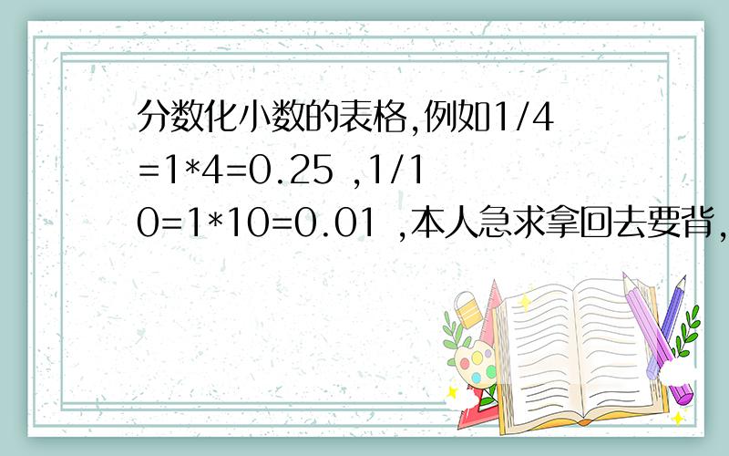 分数化小数的表格,例如1/4=1*4=0.25 ,1/10=1*10=0.01 ,本人急求拿回去要背,路过的哥哥姐姐们帮